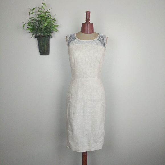 LOFT Dresses & Skirts - Ann Taylor LOFT Linen Khaki Beaded Sequin Dress 6